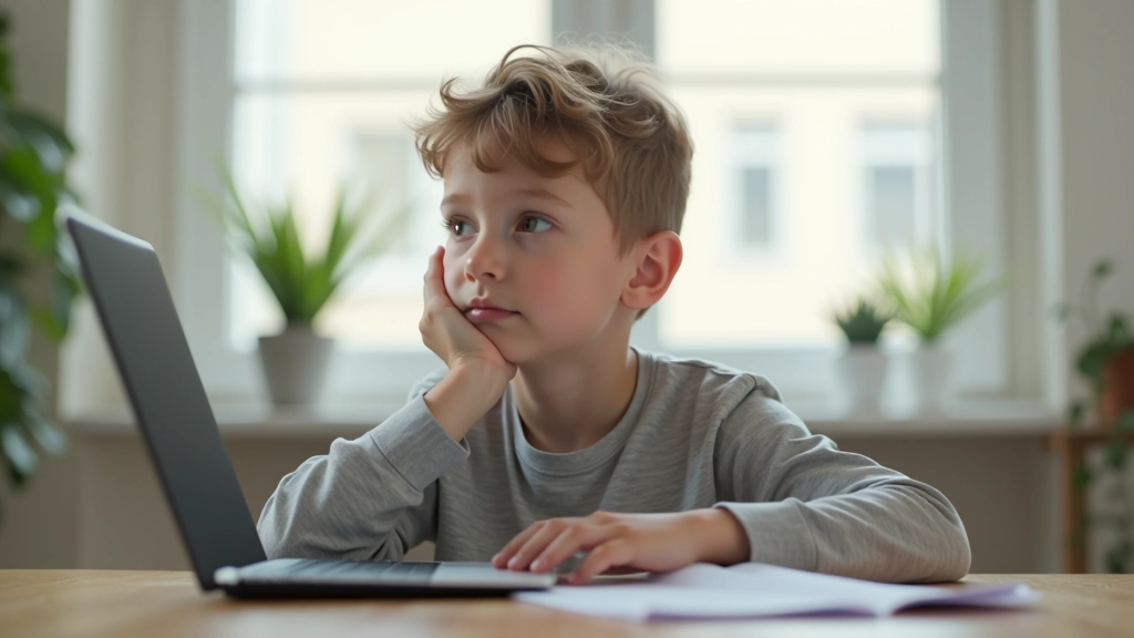 Laps istub arvuti ees, mõtleva näoga, parooliga seotud visuaal