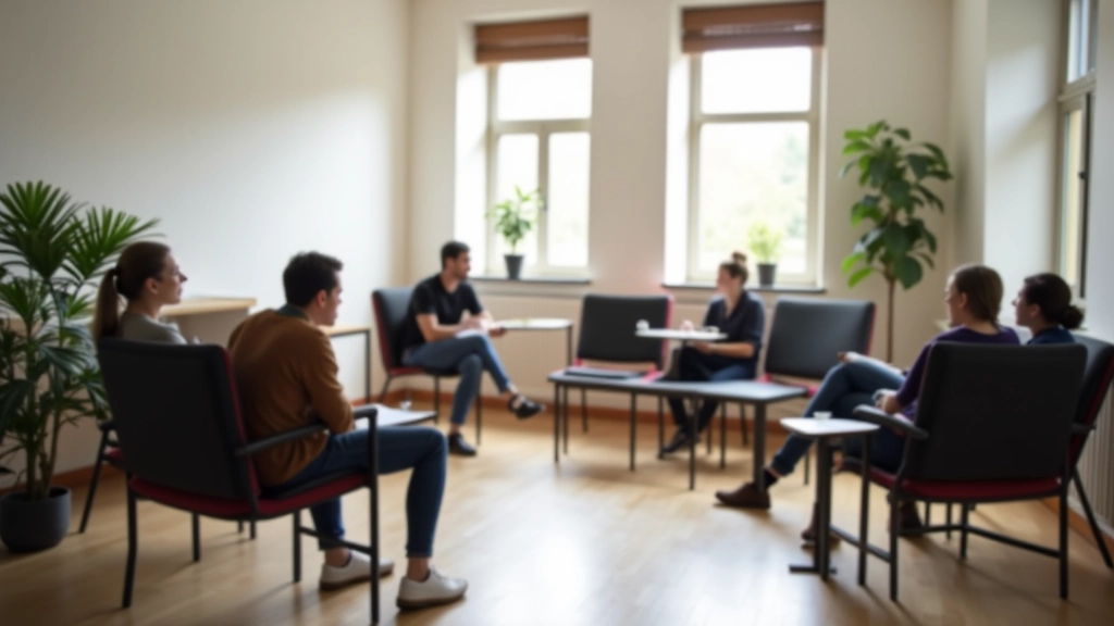 Ruum koos lahendatud pintsliga ja toolidega ringis, külalised istuvad