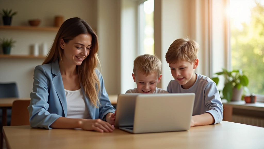 Perekonnalik stsenaarium, lapsed ja täiskasvanud istuvad arvutite ees, teaduslikul taustal