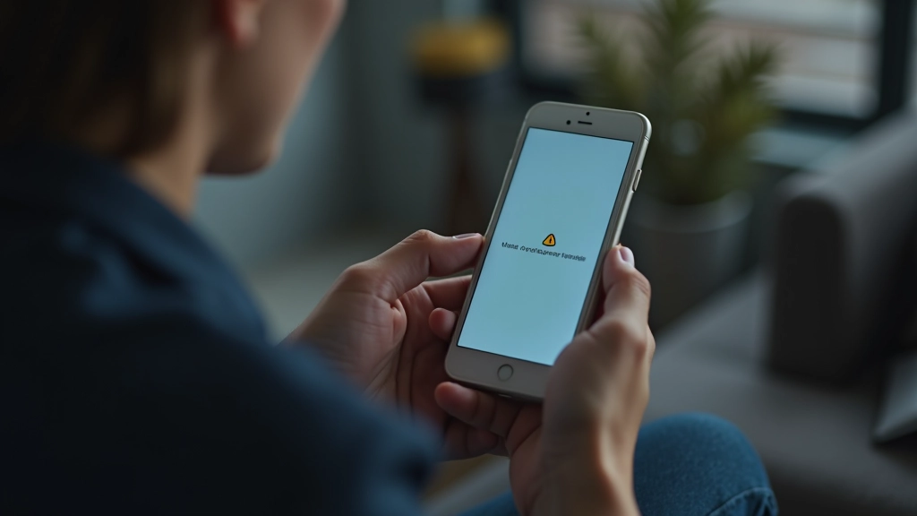 Telefon näitab hoiatuse sõnumit, inimene vaatab uskumatu väljendusega
