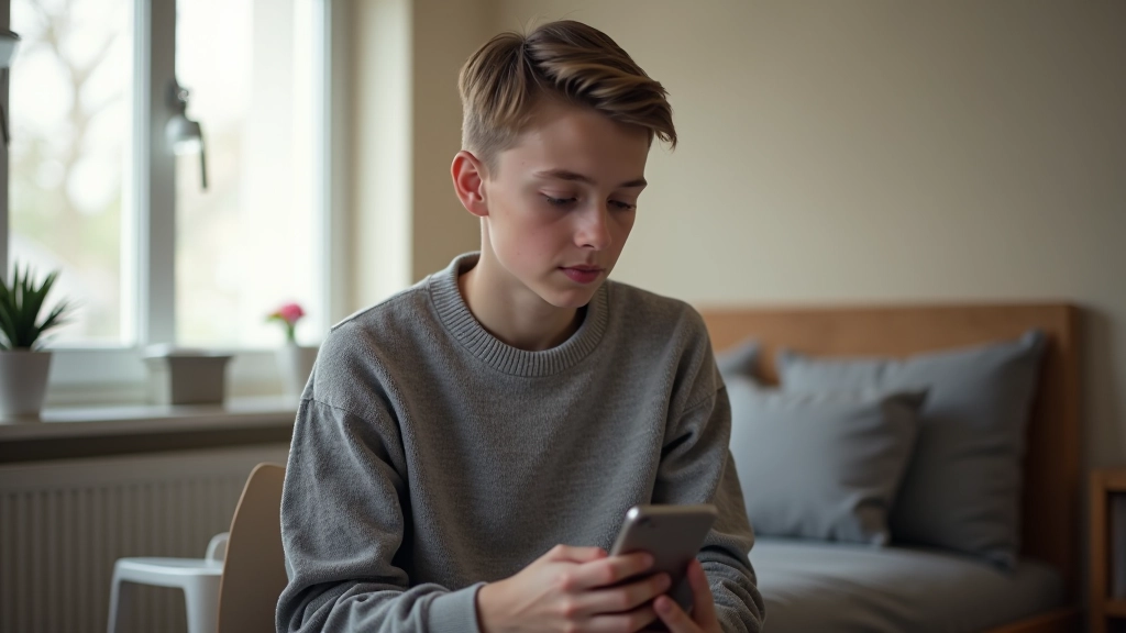 Noor õpilane mure näoga, kes loeb oma nutitelefonist negatiivseid sõnumeid, aga mitte depressiivne vaid reflektiivne