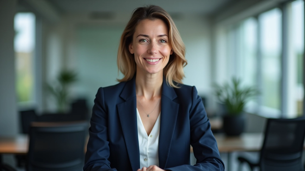 Kaasaegne nainelik juhti, kes istub kontoris, kindlustunud hoiak, täielik portree rinnus, loomulik valgus